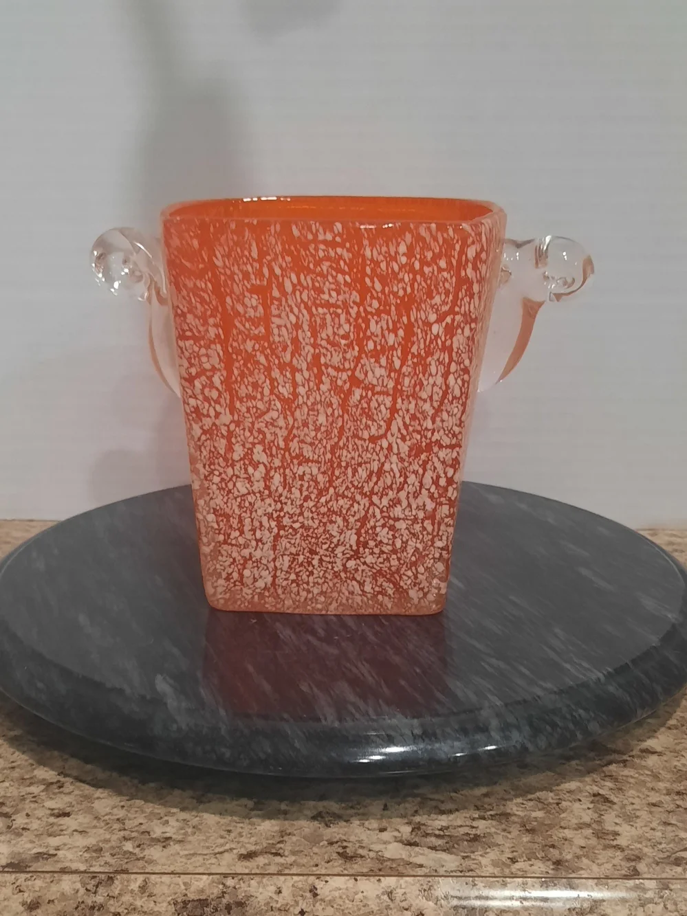 Orange Amberina Art Glass Ice Bucket with Clear Handles